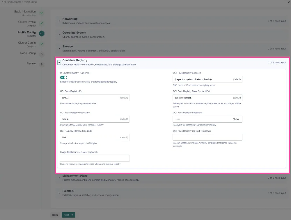 Container Registry section on Profile Config