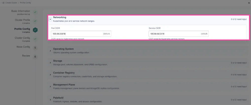 Networking section on Profile Config