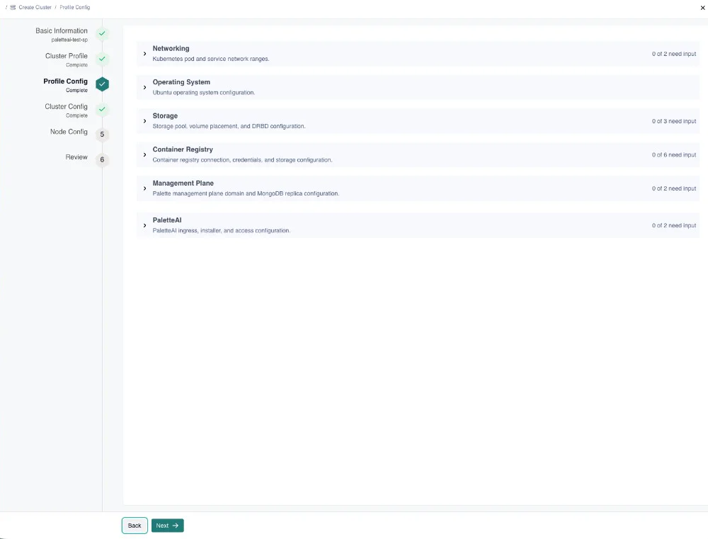 Profile Config sections on the cluster create wizard