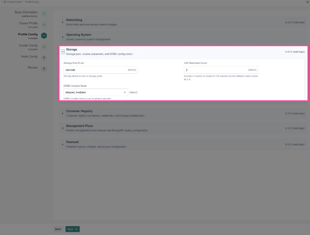 Storage section on Profile Config